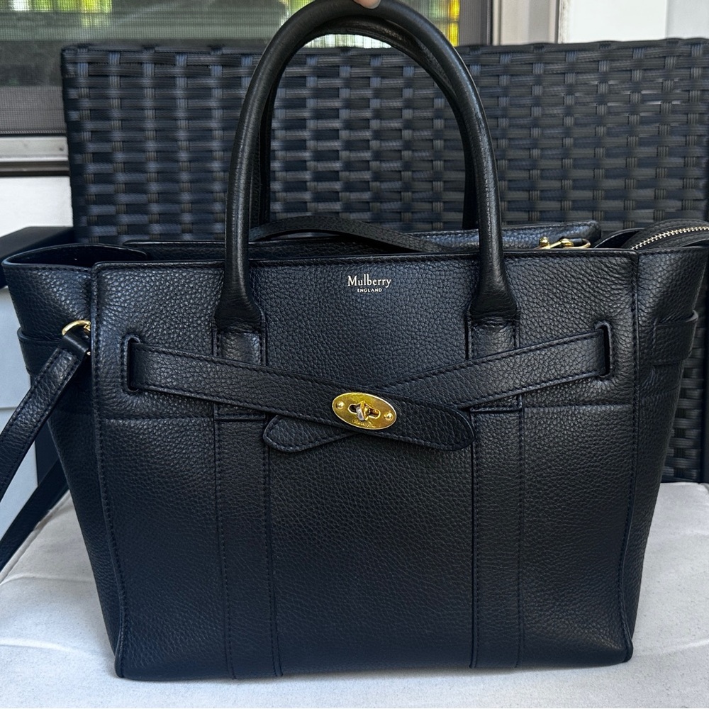 Mulberry Black Leather Tote with Gold Accents